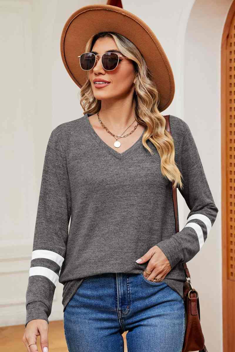 CWOSWL6552_V-NECK LONG SLEEVE STRIPED COLOR MATCHING TOP