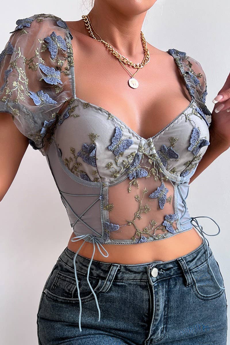 CWTBLS0491_DEEP V-NECK SHORT SLEEVE SEXY MESH PRINT TOP