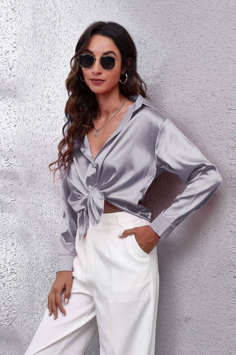 CWTBLL0691_Button Down Silky Satin Long Sleeve Top