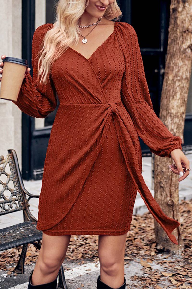 CWDSD2080_V-Neck Waisted Short Knitted Hip Skirt