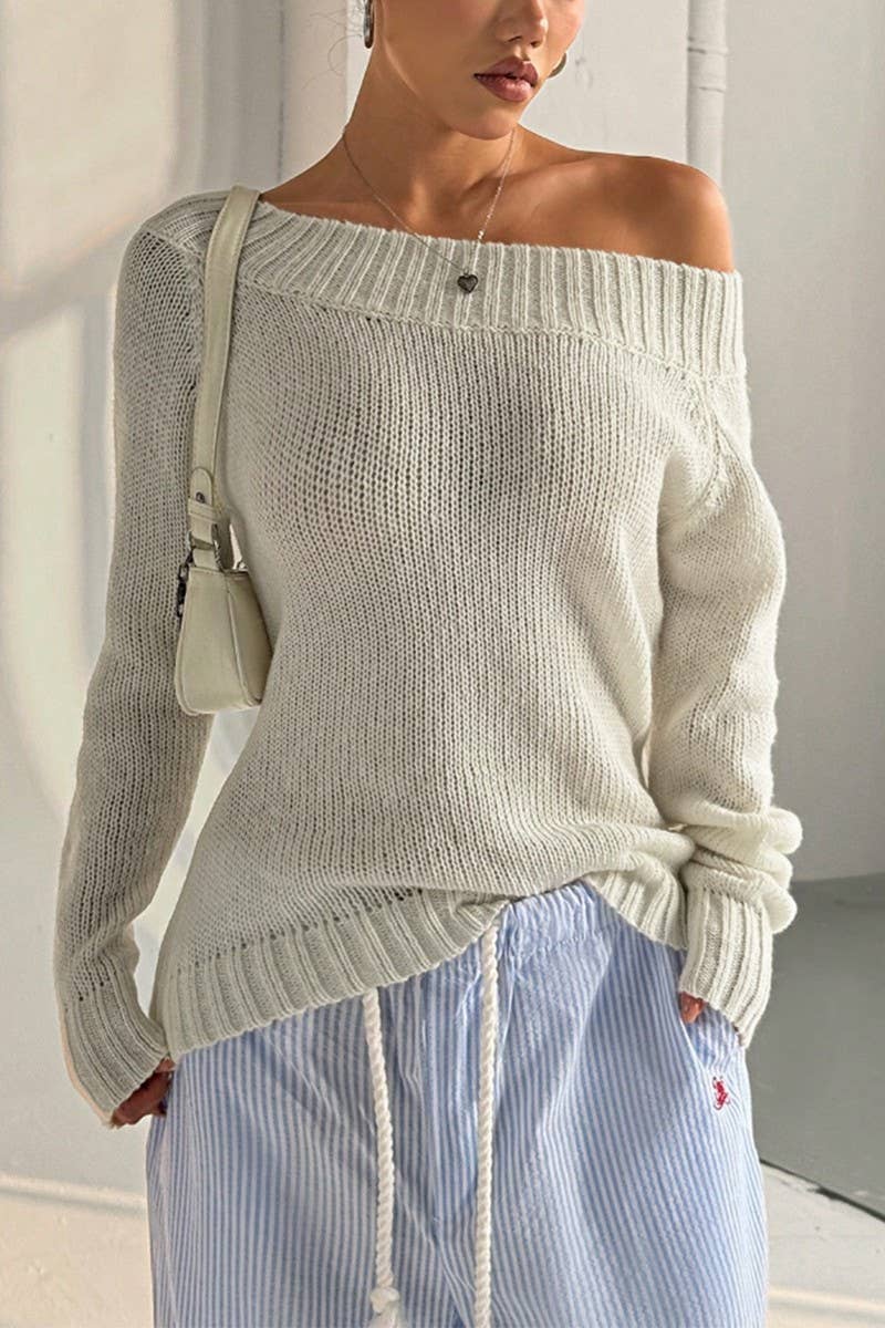 CWOSWL6867_CHIC OFF SHOULDER PULLOVER KNIT CASUAL SWEATER