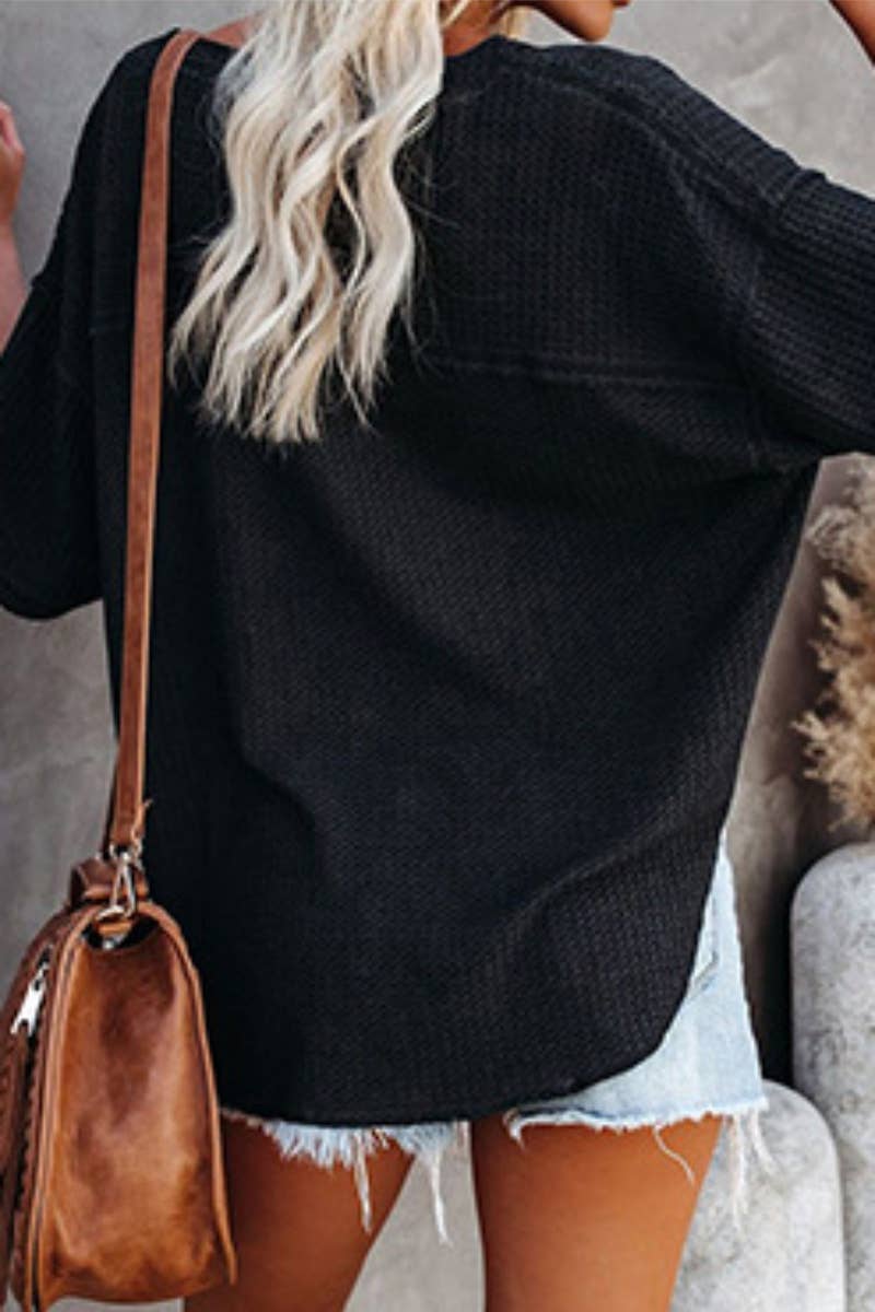 CWOSWS0099_KNIT V-NECK BAT-SLEEVED LOOSE MID-SLEEVED TOP