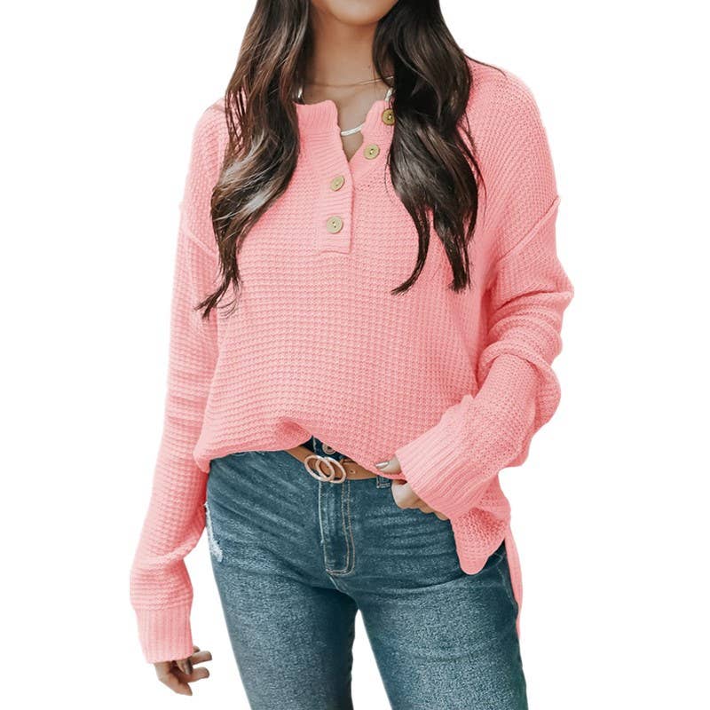 BUTTON-DOWN V-NECK LONG-SLEEVED PULLOVER SWEATER