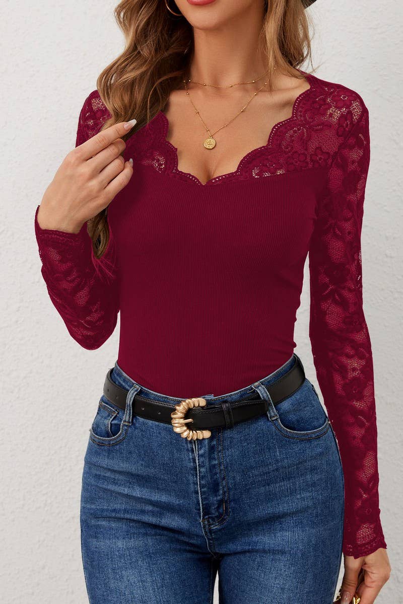 CWTBLL3476_V-NECK LACE PANEL SLIM-FIT LONG-SLEEVED TOP