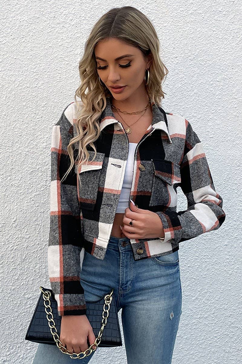 CWOJA0824_CROPPED PLAID CARDIGAN LAPEL JACKET