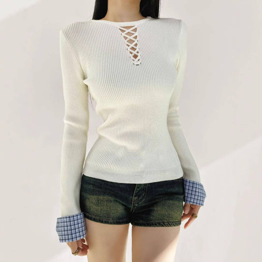 CONTRASTING PLAID PATCHWORK LONG-SLEEVED KNITWEAR