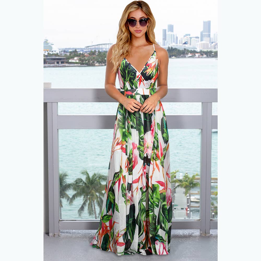 Bohemian Floral Print Spaghetti Strap Long Dress