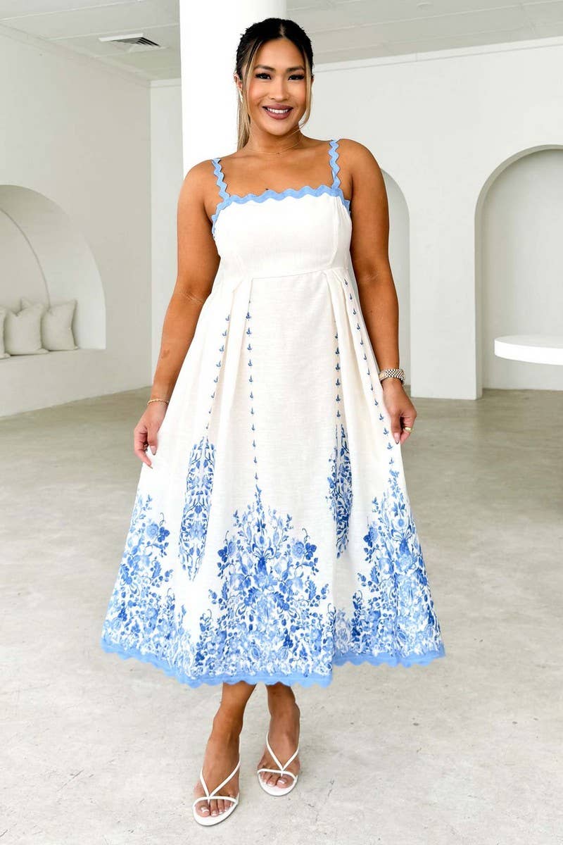 CWDMD5569_PRINTED RUFFLE HEM BACKLESS TIE STRAP DRESS