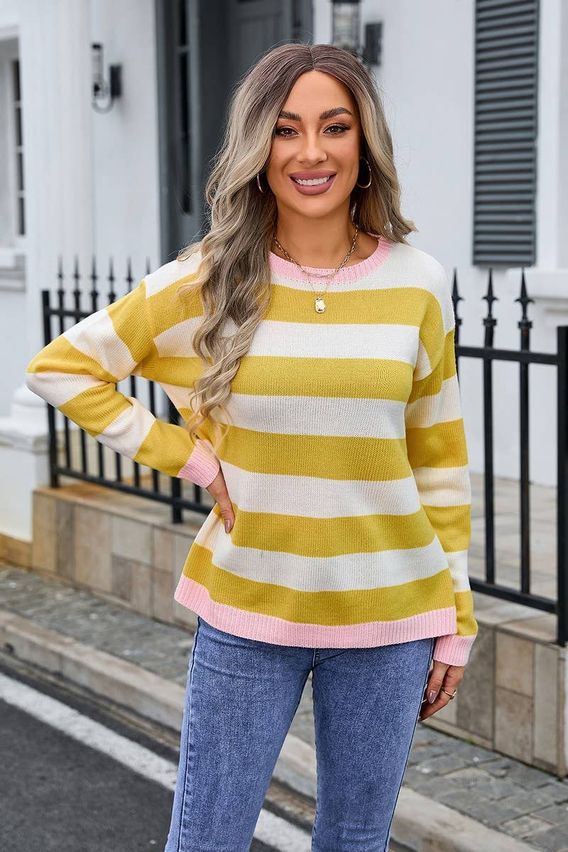 CWOSWL3111_STRIPED CONTRAST LONG-SLEEVED KNITTED PULLOVER