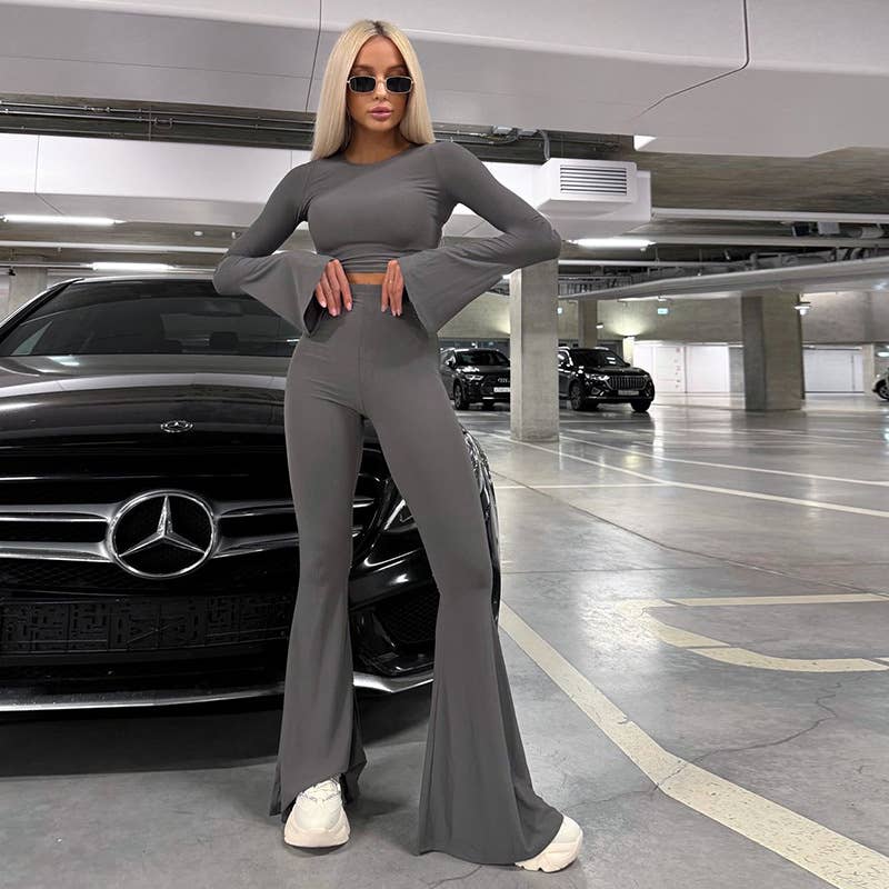 Bell Sleeve Crop Top & High Waist Flare Pants Set