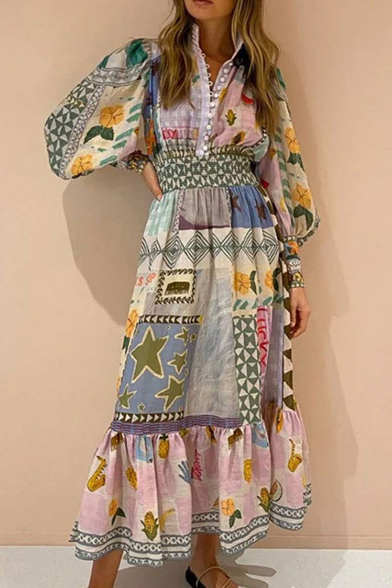 CWDMD5757_SPRING ELEGANT PAINTED FASHION LONG-SLEEVED DRESS