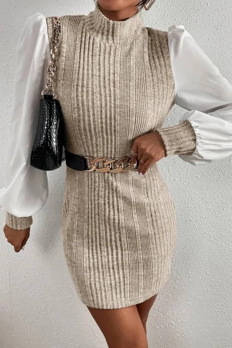 Beltless dress with high neck and long sleeves