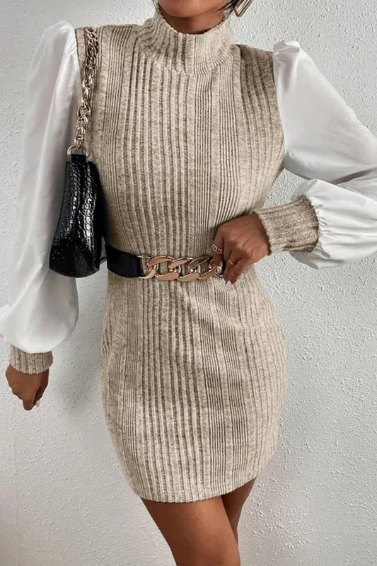 Beltless dress with high neck and long sleeves