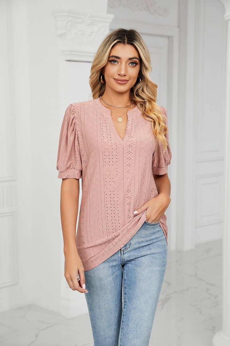 CWTSTS0358_V-Neck Short Sleeve Knit Top