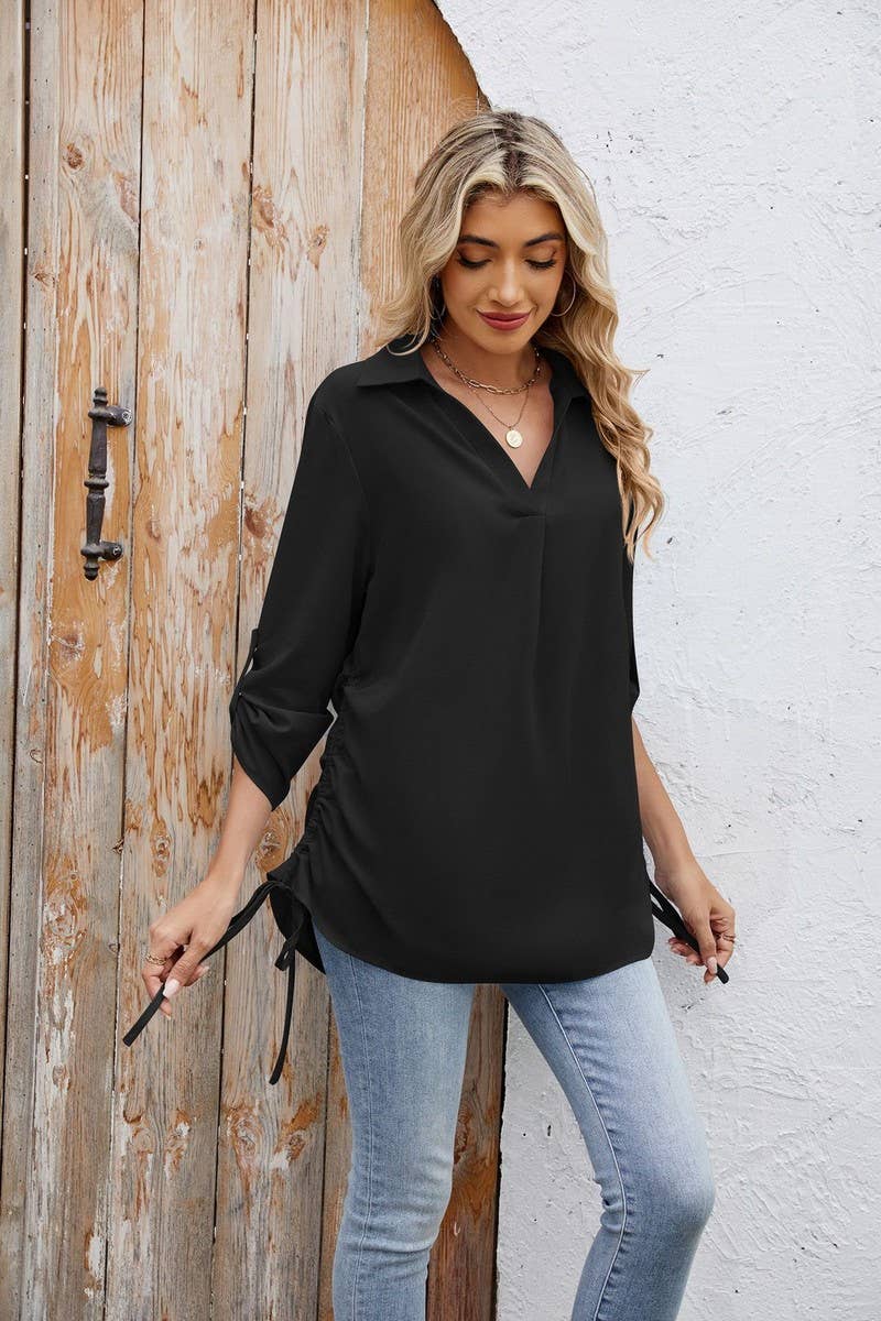 CWTBLL4020_SOLID COLLARED RUCHED 3/4 SLEEVE SHIRT DRESS TOP