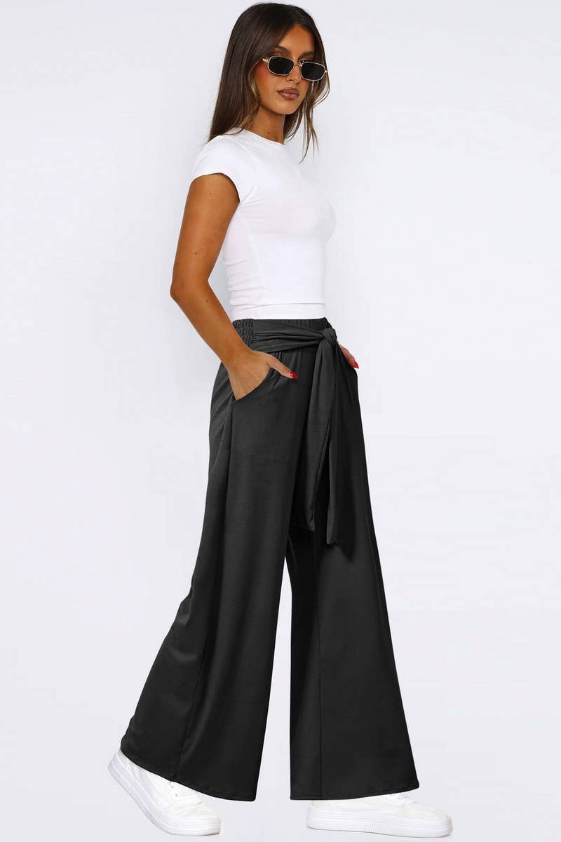 CWBLP1861_SOLID COLOR DRAPE LACE-UP WIDE-LEG PANTS