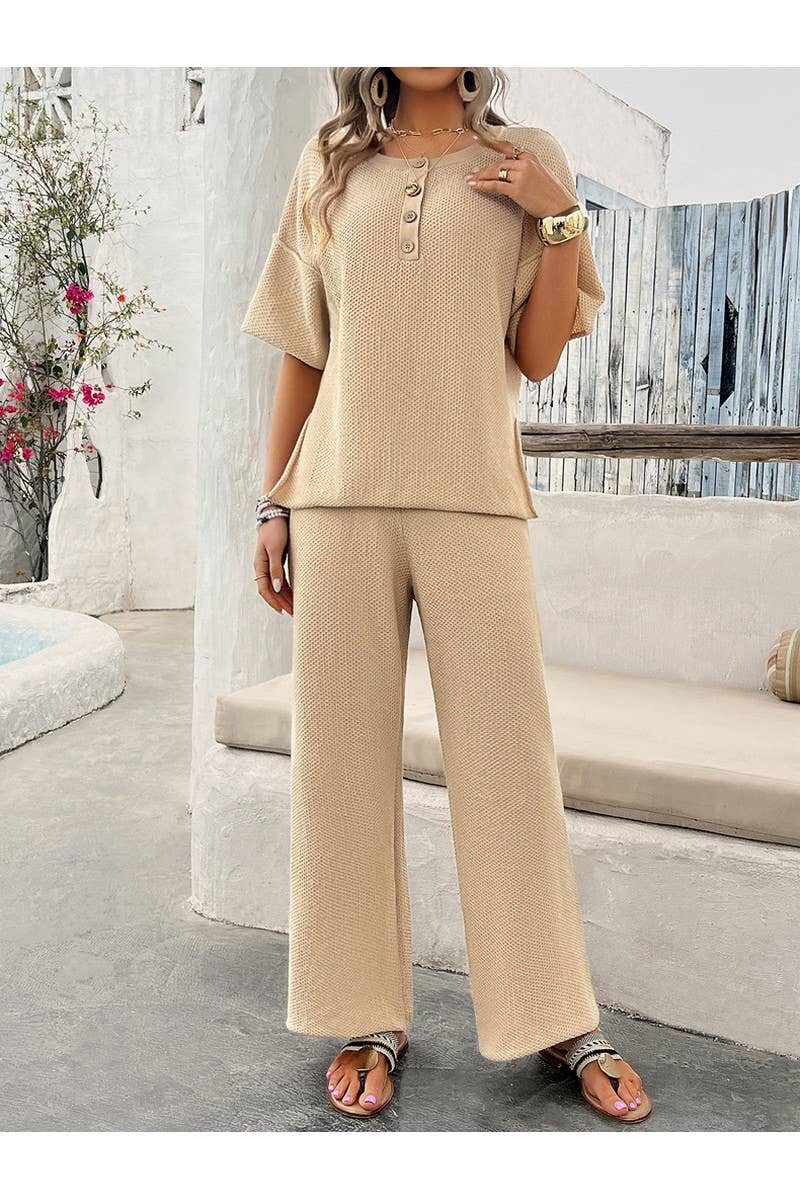 CWSTB0685_Casual Short-Sleeved Buttoned Pants Knit Set