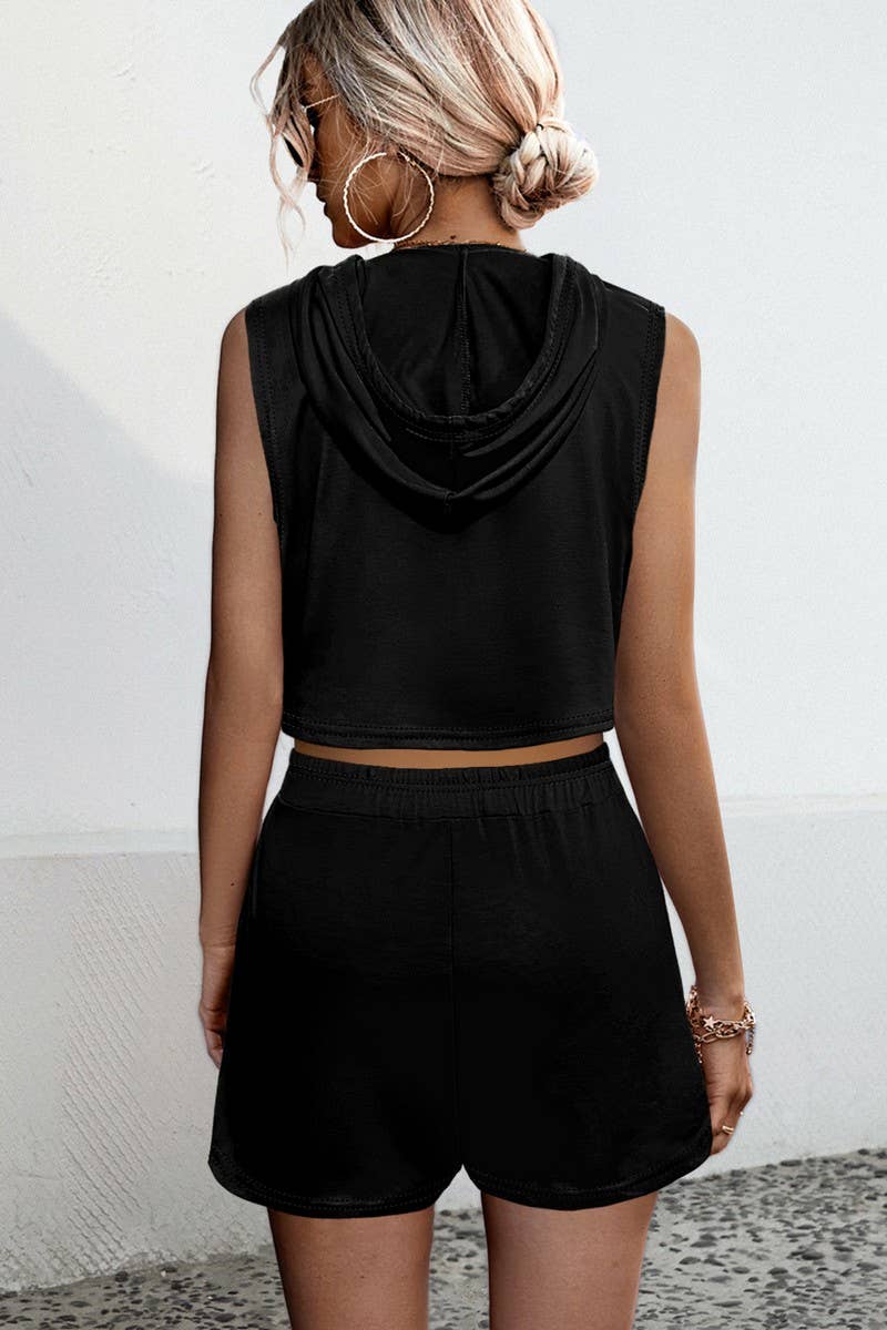 CWSS1072_HOODED PATCHWORK CASUAL VEST SHORTS TWO-PIECE SET