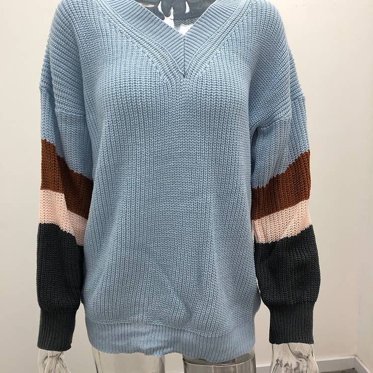 CHICKEN-NECKED LANTERN SLEEVE STRIPED SWEATER