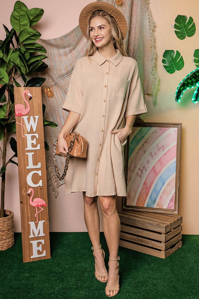 CWDSD10407_SHORT SLEEVE BUTTON DOWN MINI SHIRTS DRESS