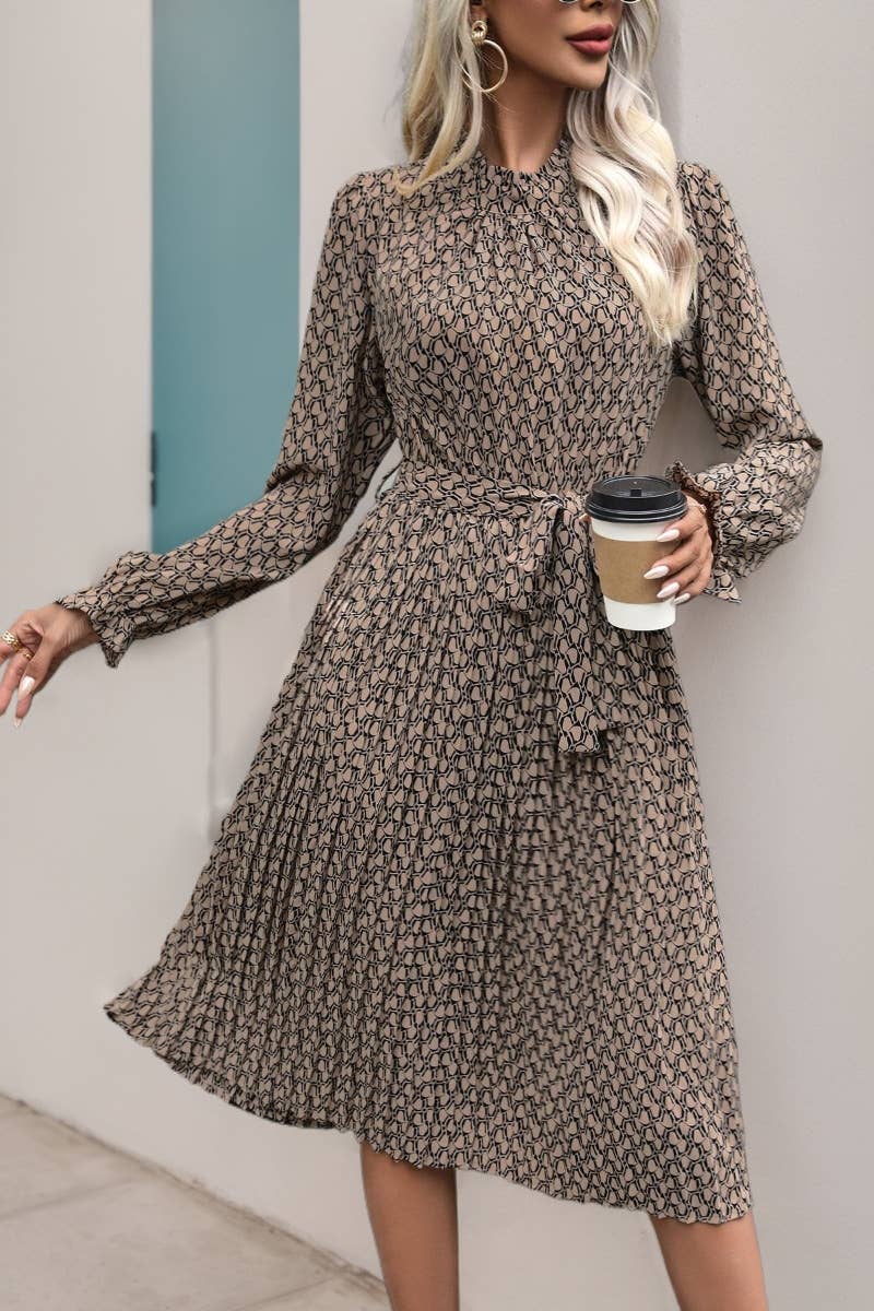 CWDMD4061_CREW-NECK PRINT LACE-UP LONG-SLEEVED DRESS