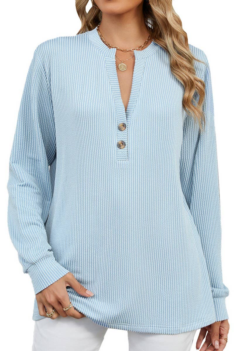 CWTBLL3675_V-NECK BUTTON-DOWN STRIPED WAVY CASUAL TOP