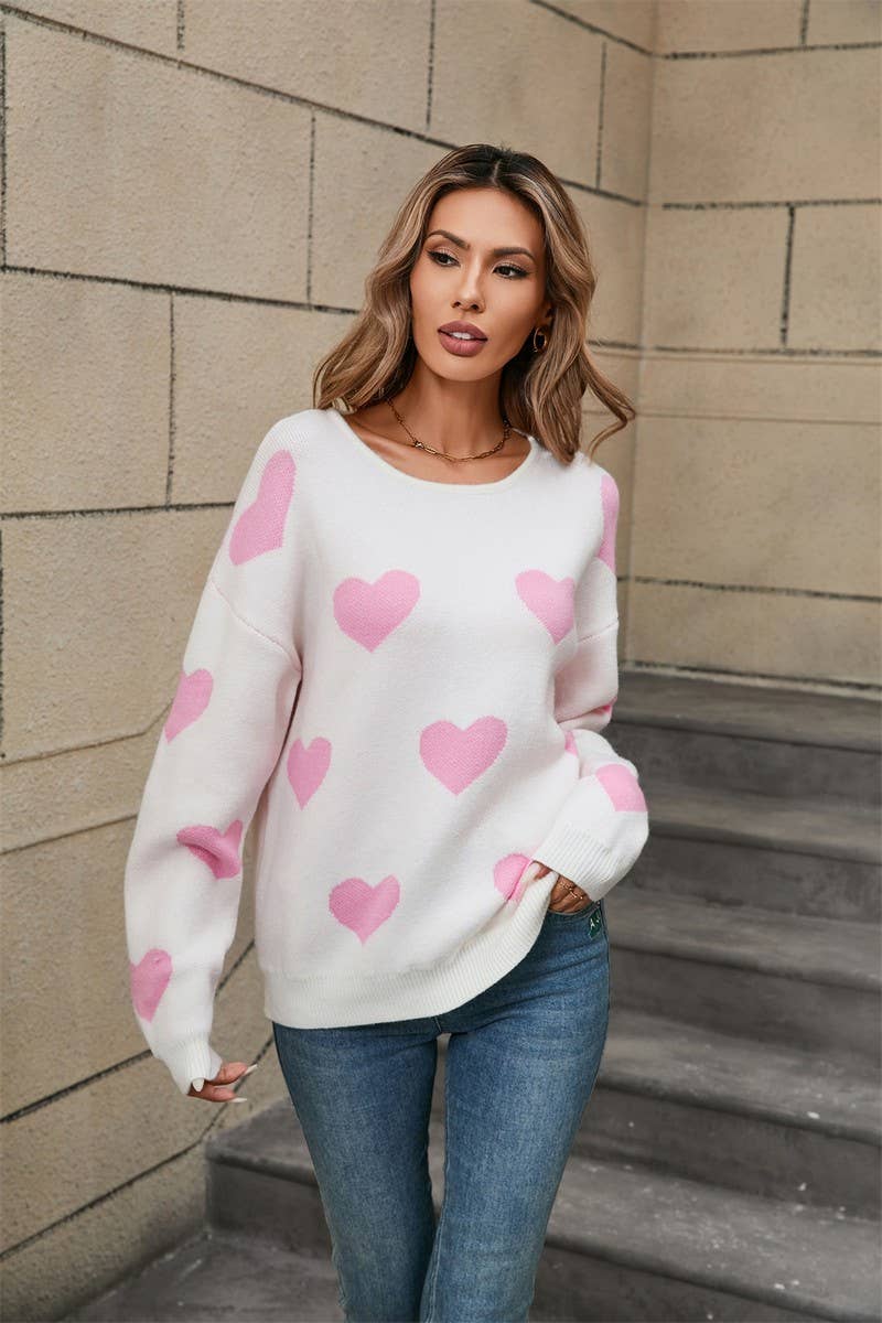 CWOSWL5780_VALENTINE'S DAY ROUND NECK CONTRAST COLOR SWEATER