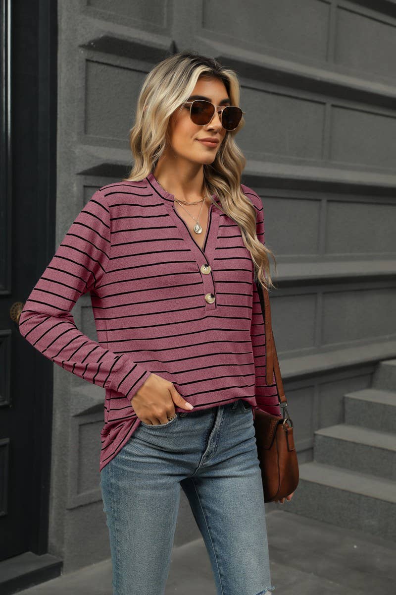 CWTBLL1864_STRIPED BRUSHED BUTTON LONG-SLEEVED T-SHIRT