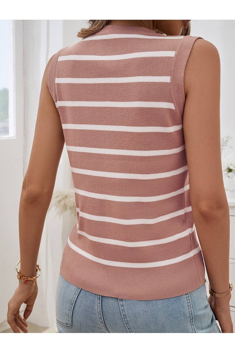 CWTTSL0264_Striped V-Neck Sleeveless Knit Cardigan  Vest top