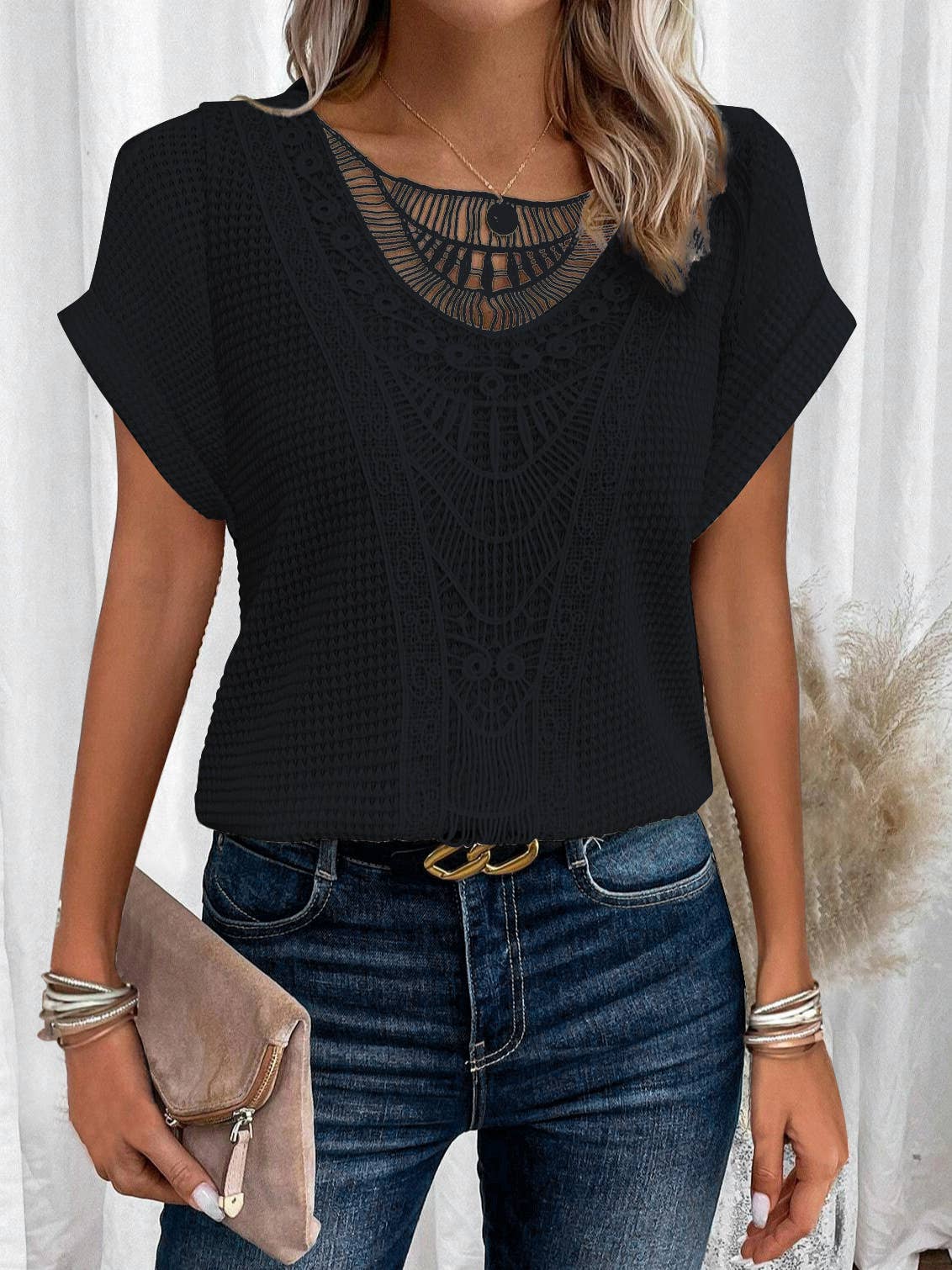 CUT-OUT LACE PATCHWORK SHORT SLEEVE T-SHIRT