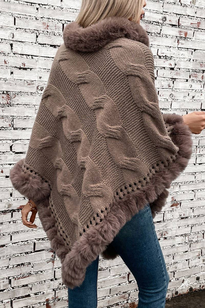 CWOSWL2803_FUR COLLAR THICK CABLE PULLOVER SWEATER CAPE