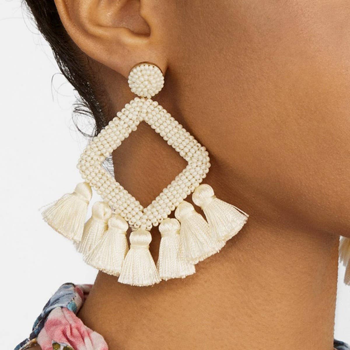 GEOMETRIC DIAMOND SHAPED RICE BEAD TASSEL EARRINGS