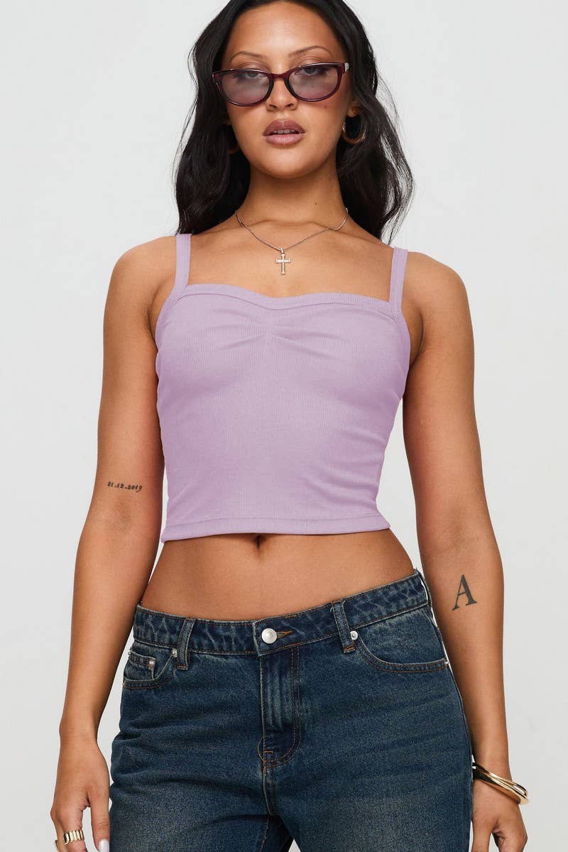 CWTTK1196_SOLID PLEATED CROPPED SLIM Y2K TANK TOP