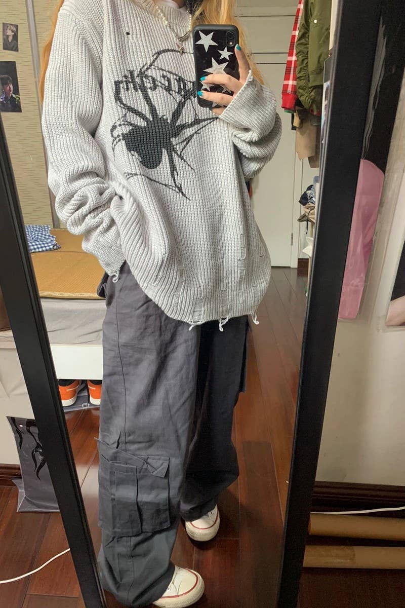 CWOSWL5746_PRINTED LONG SLEEVE CASUAL RIPPED KNIT SWEATER