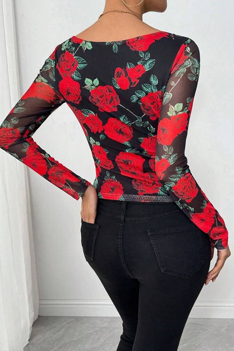 CWTBLL3913_ROSE FLORAL MESH PRINT SEXY U-NECK TEE