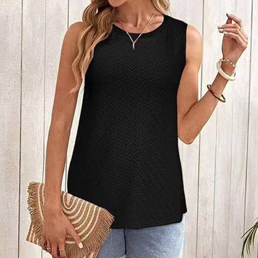 Crew-neck printed solid color hollow-out vest