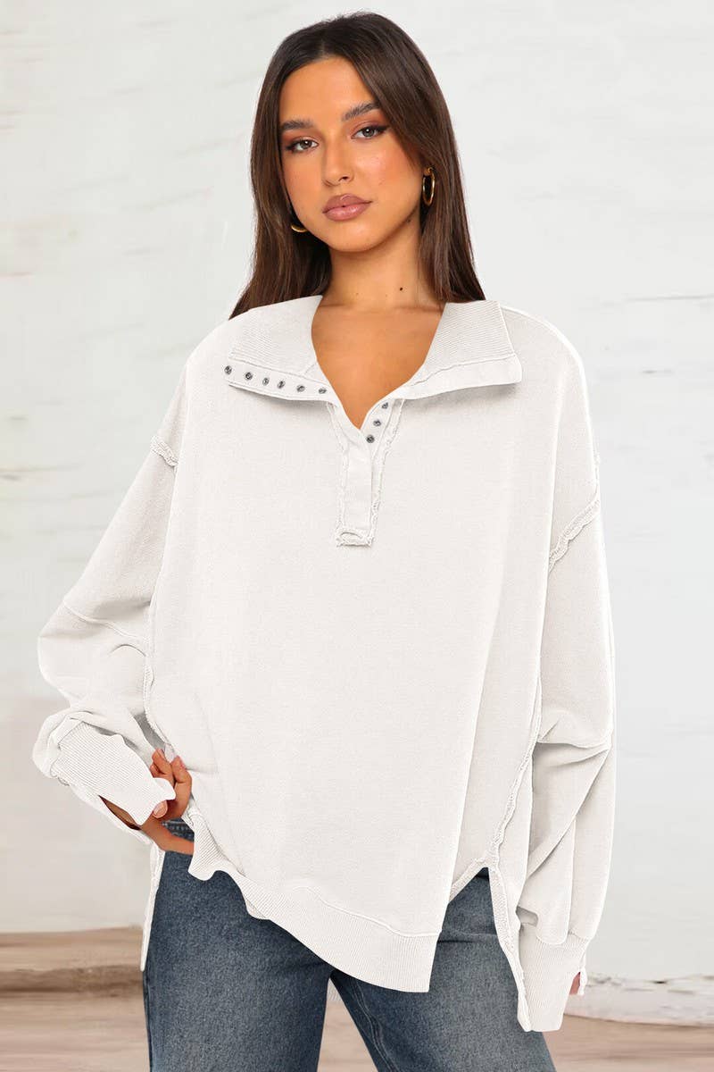 CWTBLL3993_SLIT LANTERN SLEEVE POLO COLLAR SWEATSHIRT