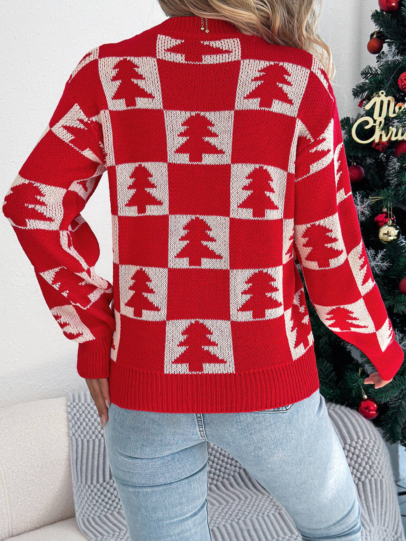 Christmas tree checkered long-sleeved sweater