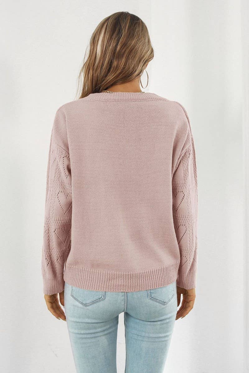 CWOSWL3968_V-NECK HOLLOW HEART PLAID KNITTED SWEATER