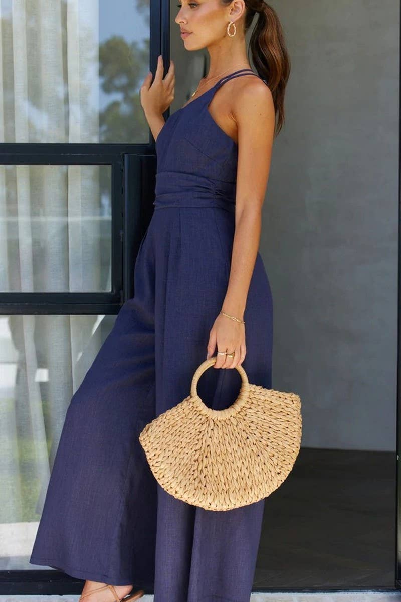 CWSJS1008_ONE-SHOULDER WIDE-LEG COTTON AND LINEN JUMPSUIT