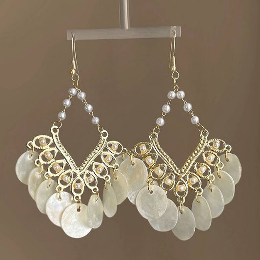 FRENCH GEOMETRIC SCALLOPED SHELL TASSEL EARRINGS