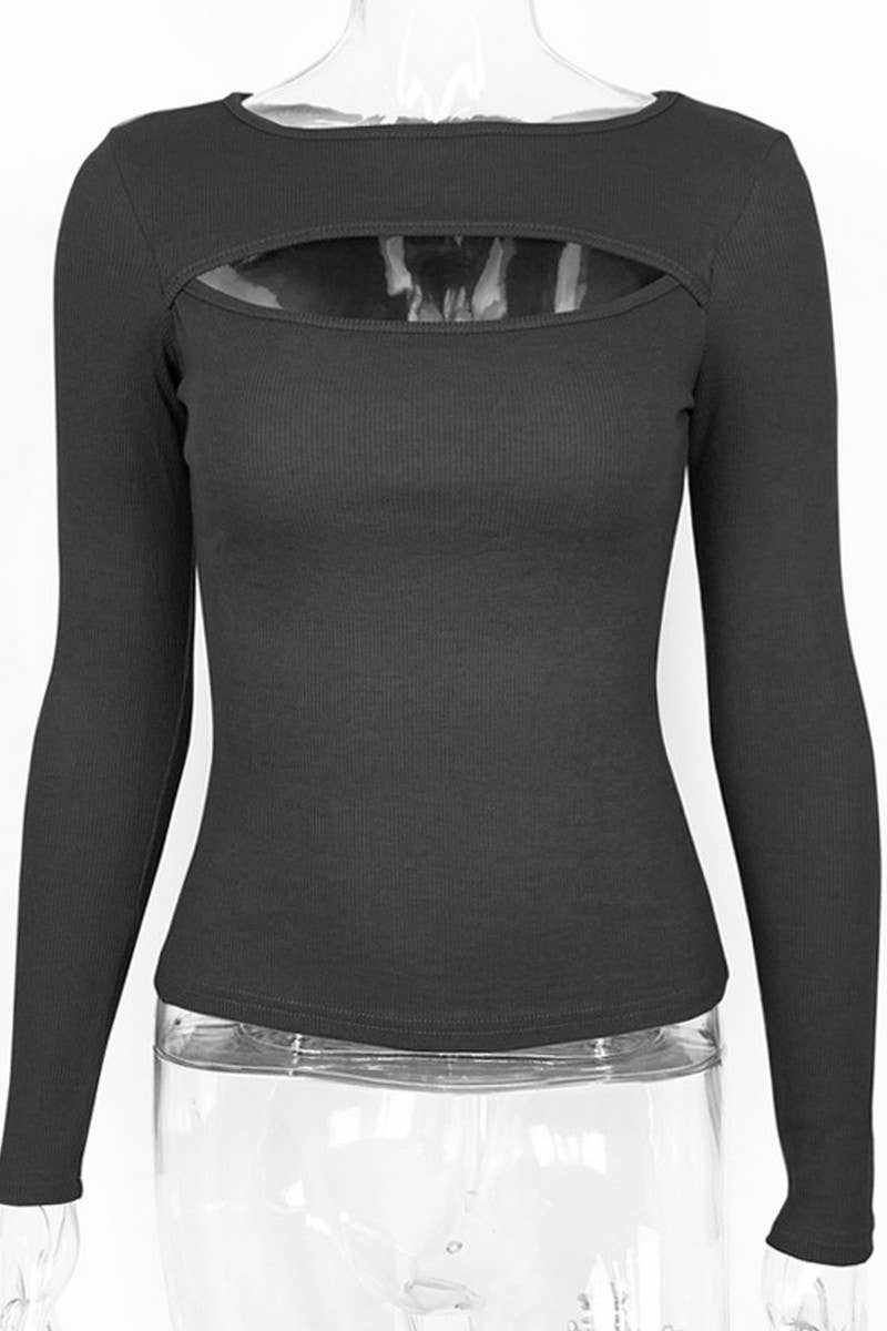 CWTBLL3780_RIBBED CUTOUT SLIM FIT LONG SLEEVE TOP