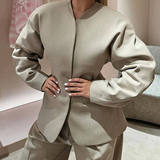 Elegant solid color lapel micro-sleeve coat