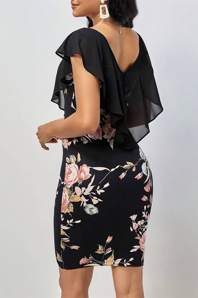 CWDSD7656_V-NECK SLIM FIT TWO-PIECE RUFFLED DRESS