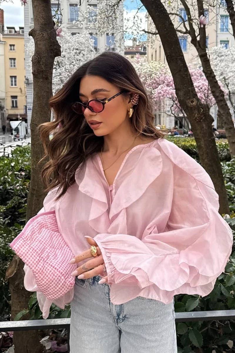 CWTTL2042_SOLID COLOR TEMPERAMENT RUFFLED ZIPPER TOP