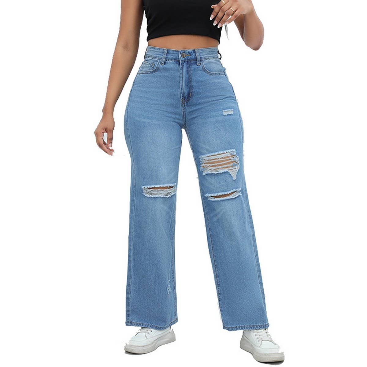 WOMENS WASHED HOLE BELL BOTTOMED PANTS JEANS_CWJP0166