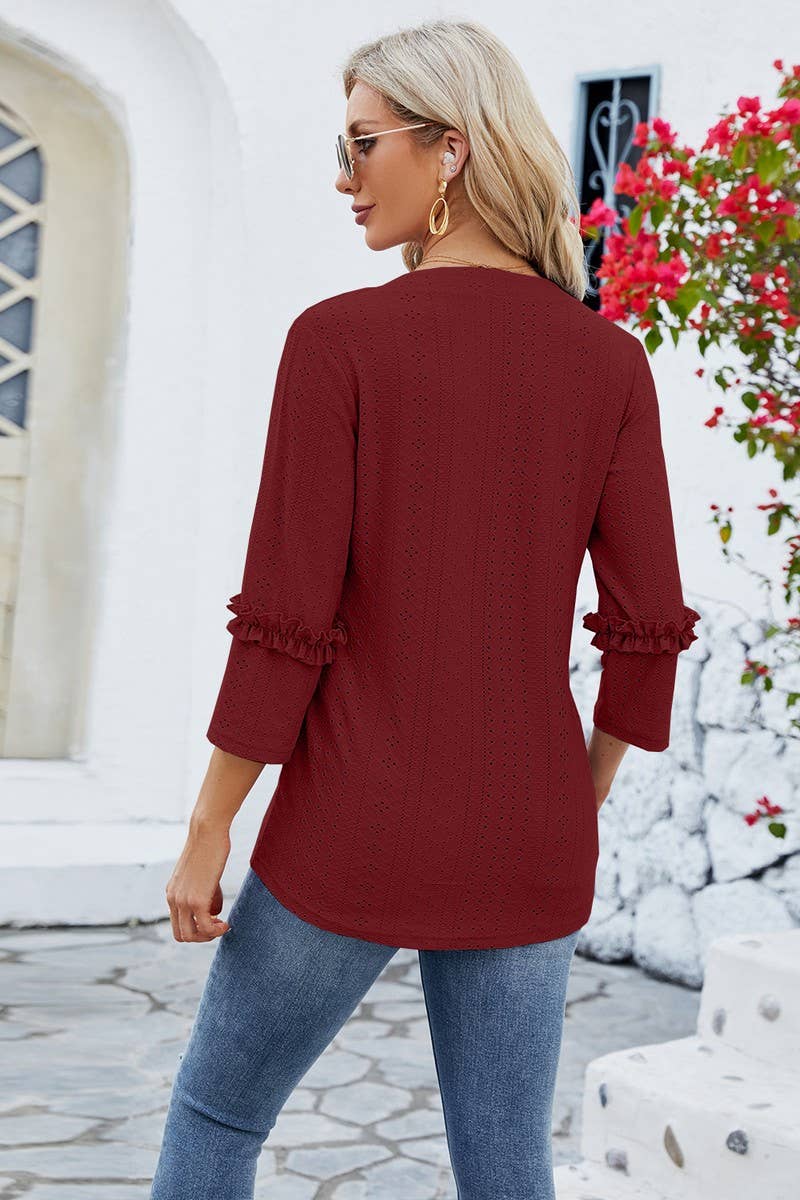 CWTTS0763_3/4 Sleeve Ruffle Detailed V-Neck  Blouse