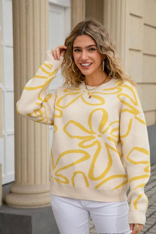 CWOSWL07602_FLORAL COLORBLOCK CREWNECK LOOSE KNIT SWEATER