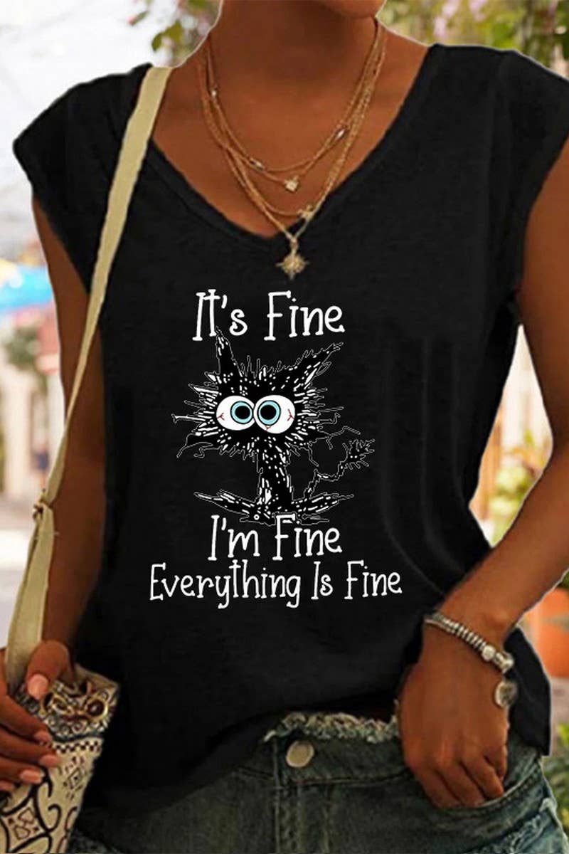 CWTTSL0258_V-NECK PRINTED LOOSE SLEEVELESS T-SHIRT