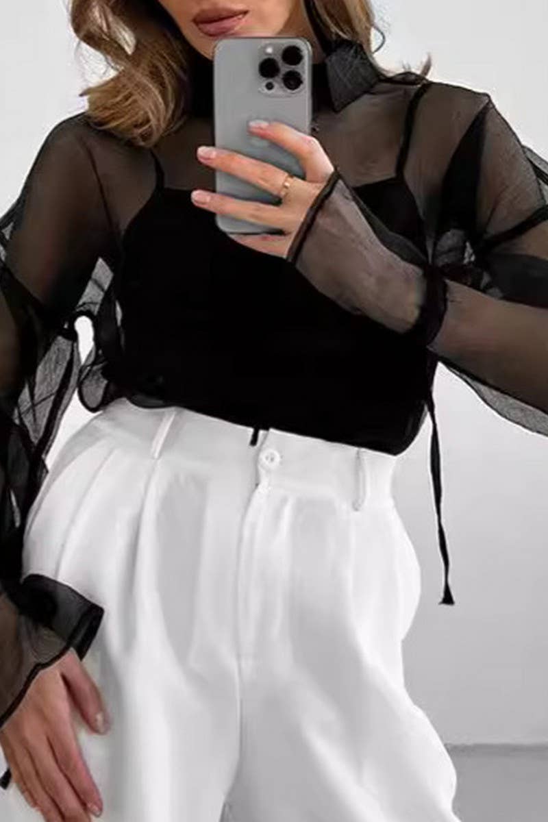 CWTSTL902_SEXY MESH LACE-UP SEE-THROUGH LONG-SLEEVED SHIRT